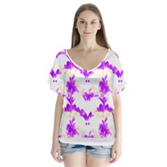 Bats Pattern T- Shirt White Bats And Bows Pink Yellow T- Shirt V-neck Flutter Sleeve Top by maxcute