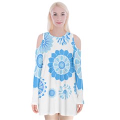 Blue Flowers T- Shirt Blue Psychedelic Floral Power Pattern T- Shirt Velvet Long Sleeve Shoulder Cutout Dress