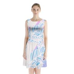 Blue T- Shirt Blue Tropical Pattern T- Shirt Sleeveless Waist Tie Chiffon Dress