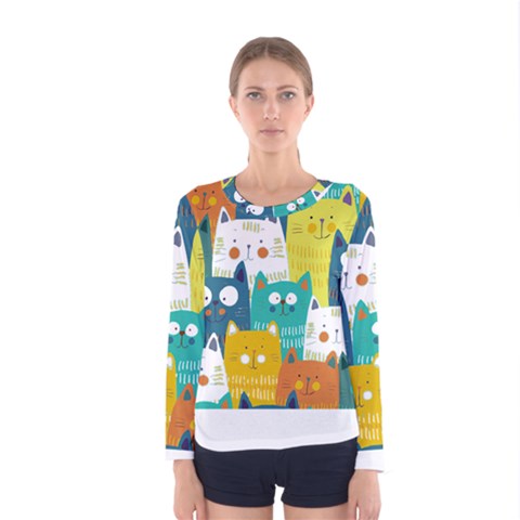 Cat T- Shirt Cute Cats Colorful Seamless Pattern T- Shirt Women s Long Sleeve Tee by maxcute