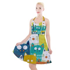 Cat T- Shirt Cute Cats Colorful Seamless Pattern T- Shirt Halter Party Swing Dress  by maxcute