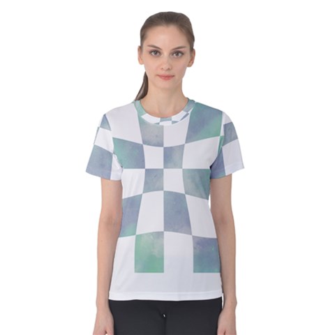 Checkerboard T- Shirt Psychedelic Watercolor Check Aqua T- Shirt Women s Cotton Tee by maxcute