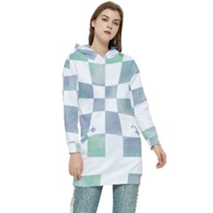 Checkerboard T- Shirt Psychedelic Watercolor Check Aqua T- Shirt Women s Long Oversized Pullover Hoodie