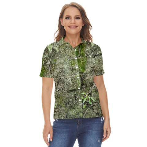 Old Stone Exterior Wall With Moss Women s Short Sleeve Double Pocket Shirt by dflcprintsclothing