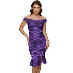 Purple Scales! Off Shoulder Ruffle Split Hem Bodycon Dress by fructosebat