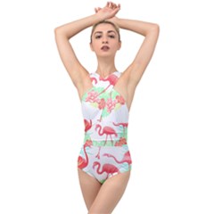 Flower Flamingo T- Shirt Floral Birds Flower Flamingo T- Shirt Cross Front Low Back Swimsuit