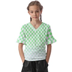 Green Checker T- Shirt Green Checker T- Shirt Kids  V-neck Horn Sleeve Blouse by maxcute