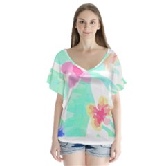 Hawaii T- Shirt Hawaii Flower Pattern T- Shirt V-neck Flutter Sleeve Top by maxcute