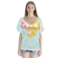 Hawaii T- Shirt Hawaii Flowers Modern T- Shirt V-neck Flutter Sleeve Top by maxcute