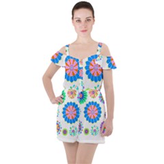 Hippie T- Shirt Psychedelic Floral Power Pattern T- Shirt Ruffle Cut Out Chiffon Playsuit