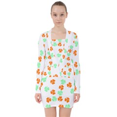 Irish T- Shirt Shamrock Pattern In Green White Orange T- Shirt V-neck Bodycon Long Sleeve Dress