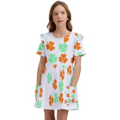 Irish T- Shirt Shamrock Pattern In Green White Orange T- Shirt Kids  Frilly Sleeves Pocket Dress