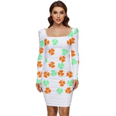 Irish T- Shirt Shamrock Pattern In Green White Orange T- Shirt Women Long Sleeve Ruched Stretch Jersey Dress