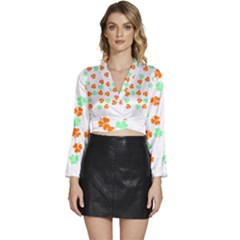 Irish T- Shirt Shamrock Pattern In Green White Orange T- Shirt Long Sleeve Tie Back Satin Wrap Top