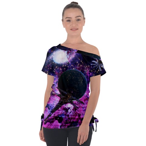 Spaceship Alien Futuristic Off Shoulder Tie-up Tee by Ravend