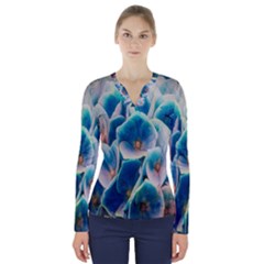 Hydrangeas-blossom-bloom-blue V-neck Long Sleeve Top by Ravend