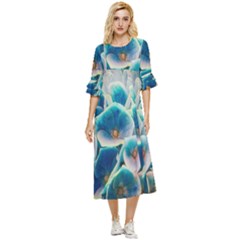 Hydrangeas-blossom-bloom-blue Double Cuff Midi Dress