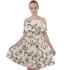 White And Brown Floral Wallpaper Flowers Background Pattern Cut Out Shoulders Chiffon Dress