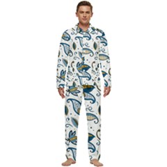 Flowers Blue Texture Style Batik Men s Long Sleeve Velvet Pocket Pajamas Set by Jancukart