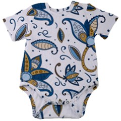 Flowers Blue Texture Style Batik Baby Short Sleeve Bodysuit by Jancukart