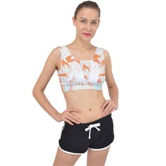 Pattern T- Shirt Hand Drawn Exotic Big Cat Cheetahs, Stretching, Running, Sitting And Walking On Abs V-back Sports Bra by maxcute