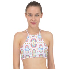 Pattern T- Shirt Rainbow No  8 - Flowers Eyes Stars Moon Sun Rain And Palm Trees Pattern T- Shirt Racer Front Bikini Top