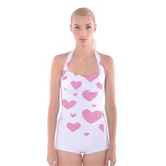 Pink Hearts Pattern T- Shirt Pink And Purple Heart Pattern T- Shirt Boyleg Halter Swimsuit  by maxcute