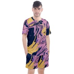 Pink Black And Yellow Abstract Painting Men s Mesh Tee And Shorts Set