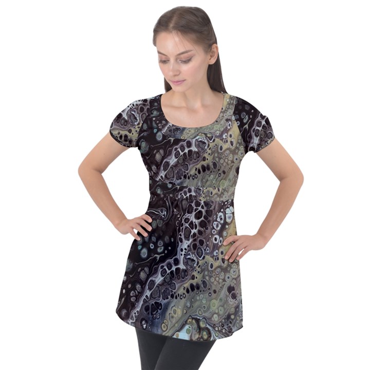 Black Marble Abstract Pattern Texture Puff Sleeve Tunic Top