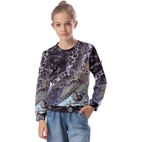 Black Marble Abstract Pattern Texture Kids  Long Sleeve Tee With Frill  by Jancukart