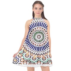 Tiles T- Shirttile Pattern, Moroccan Zellige Tilework T- Shirt Halter Neckline Chiffon Dress 