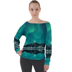 Blue And Green Sky And Mountain Off Shoulder Long Sleeve Velour Top by Jancukart