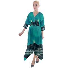Blue And Green Sky And Mountain Quarter Sleeve Wrap Front Maxi Dress by Jancukart