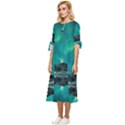 Blue And Green Sky And Mountain Bow Sleeve Chiffon Midi Dress View2