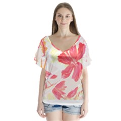 Tropical T- Shirt Tropical Creative Hawaiian T- Shirt V-Neck Flutter Sleeve Top