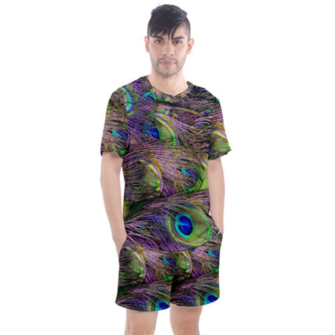 Green Purple And Blue Peacock Feather Men s Mesh Tee And Shorts Set by Jancukart