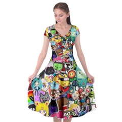 Assorted Cartoon Characters Doodle  Style Heroes Cap Sleeve Wrap Front Dress by Jancukart