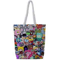 Assorted Cartoon Characters Doodle  Style Heroes Full Print Rope Handle Tote (small) by Jancukart