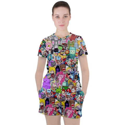 Assorted Cartoon Characters Doodle  Style Heroes Women s Tee And Shorts Set by Jancukart