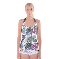 Tropical T- Shirt Tropical Pattern Antler T- Shirt Boyleg Halter Swimsuit  by maxcute