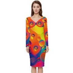 Colorfull Pattern Long Sleeve V-neck Bodycon Dress 