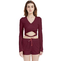 Burgundy Scarlet Velvet Wrap Crop Top And Shorts Set by BohoMe