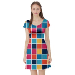 Square Plaid Checkered Pattern Short Sleeve Skater Dress