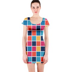 Square Plaid Checkered Pattern Short Sleeve Bodycon Dress