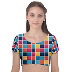 Square Plaid Checkered Pattern Velvet Short Sleeve Crop Top  by Ravend