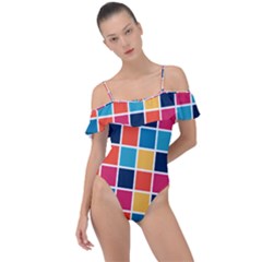 Square Plaid Checkered Pattern Frill Detail One Piece Swimsuit by Ravend