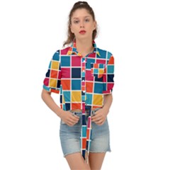 Square Plaid Checkered Pattern Tie Front Shirt 
