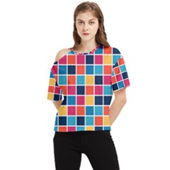 Square Plaid Checkered Pattern One Shoulder Cut Out Tee