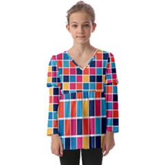 Square Plaid Checkered Pattern Kids  V Neck Casual Top by Ravend