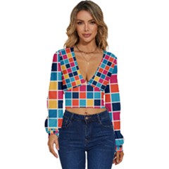 Square Plaid Checkered Pattern Long Sleeve Deep-v Velour Top by Ravend